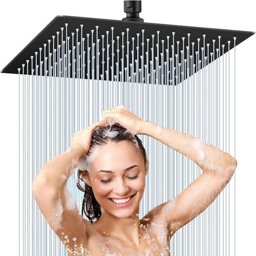 Soffione doccia a pioggia 12 pollici, soffione doccia a pioggia in acciaio inox 304 quadrato (30 x 30 cm), finitura cromata spazzolata, autopulente, doccia a pioggia installabile, Rain Shower, (BLACK)