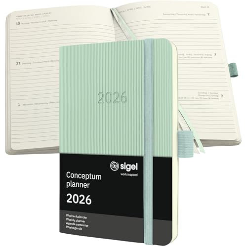 SIGEL C2639 Wochenplaner Wochenkalender 2026, ca. A6, grün, Softcover, 176 Seiten, Gummiband, Stiftschlaufe, Archivtasche, aus nachhaltigem Papier, Kalenderbuch Conceptum
