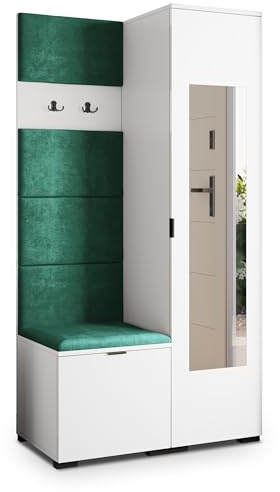 Masseno Flugarderoben Set VIRA, Kleiderschrank-Set mit Spiegel und Sitzbank, Garderobenschrank Flur mit 3 Regalböden, Weiß