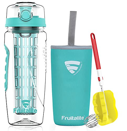Fruit Infuser Water Bottle -1 Ltr Anti-Sweat Thermo Sleeve & Weight Loss Recipes eBook With Cleaning Brush & Protein Shaker Ball (Light Blue)