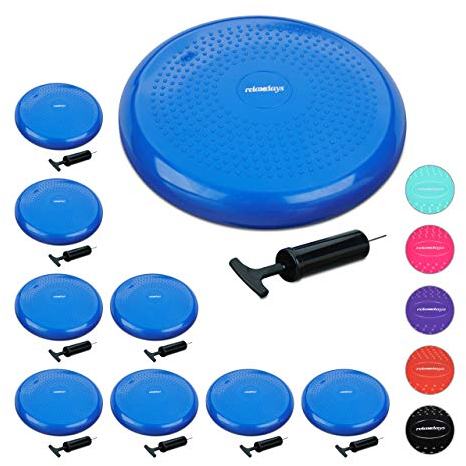 Relaxdays 9 x Balance Kissen, 140 kg Maximalgewicht, Balance Pad mit Luftpumpe, Ballsitzkissen mit Noppen, Fitness Kissen, blau