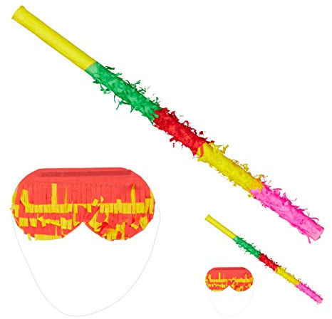Relaxdays 4 TLG. Pinata Zubehör Set, Stock und Maske, Kinder & Erwachsene, Pinata Stab mit Augenbinde, Papier, 50 cm lang, bunt