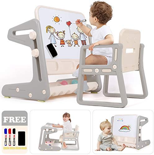 Hadwin Kids Table and Chairs, 3-in-1 Activity & Study Table with Chairs, Convertible Kids Art Easel with Magnetic Whiteboard & Storage Tray for Boys & Girls
