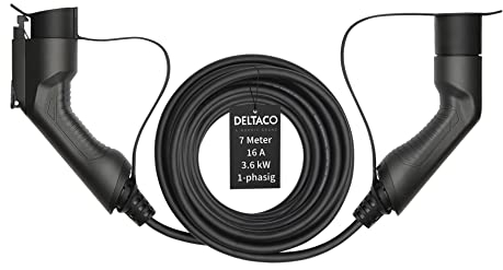 Deltaco EV-Ladekabel für E-Autos und Hybrid Fahrzeuge, Typ 2 auf Typ 1 Ladekabel mit 3,6 kW Ausgangsleistung bei 16A, 1-phasiges Elektroauto Yazaki Kabel, 7 Meter, schwarz