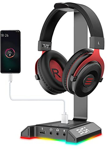 EKSA W1 RGB Headphones Stand Gaming Headset Stand with 7.1 Surround Sound, Desktop Headphone Holder with 3.5mm Aux and 2 USB Ports, Aluminum PC Gamer Headset Accessories