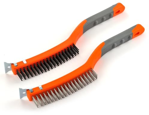 Wire Brush Set 2 Pcs Stainless Steel and Carbon Wire Scratch Brush with Advanced 14 Long Rubber Handle for Cleaning Rust Paint Remover, Welding, Large