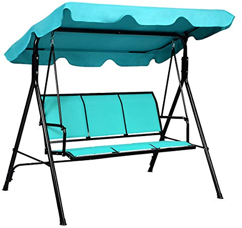 COSTWAY 3 Seater Garden Swing Chair, Outdoor Indoor Canopy Powder Coated Steel Cushioned Seaters, Patio Metal Hammock Swinging Bench Lounger Seat, 240KG (Turquoise)