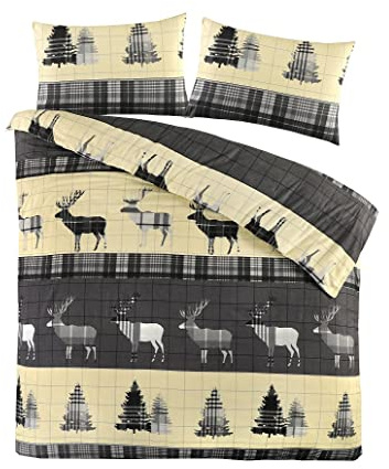 L S U XMAS Stag Tartan Thermal Flannel Duvet Cover Set Brushed Cotton All British Size (Grey, Super King)