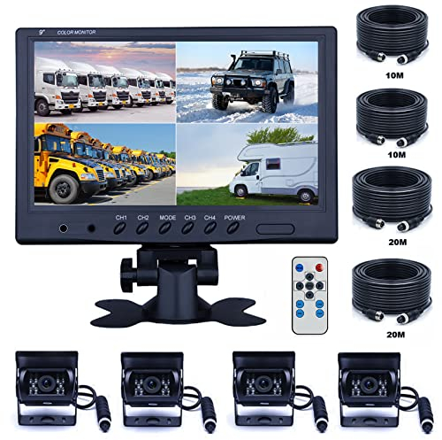 CAMECHO Fahrzeug Backup Kamera – 22,9 cm 4 Geteilte Monitor Vorderseite View, Kamera 18 IR-Nachtsicht Wasserdicht Auto Kamera mit 2 x 33 ft und 2 x 20 Kabel für Wohnmobil-, Anhänger, Bus, LKW