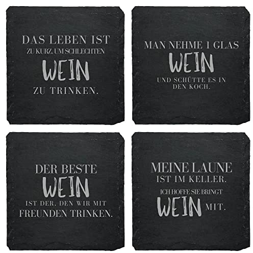 Schiefer Untersetzer Set (4 STK.) mit Weinsprüchen - Weinuntersetzer aus Schiefer für Weinfans | Wein Geschenk | Geschenkidee Weinliebhaber Wein Zubehör (Deutsche Sprüche)