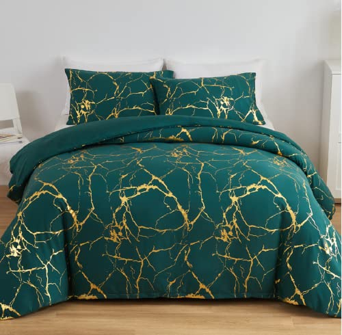 Bettwäsche Grün 135x200 2er Dunkelgrün Gold Set Aesthetic Marmor Microfaser Bettwäsche Set Luxus Modern Bettbezug Set mit Metallic-Glitzermuster Teenager Wendebettwäsche und Kissenbezug 80x80