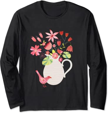 Oiseaux avec un pichet de fleurs Manche Longue