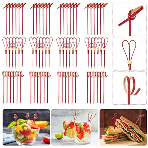 Bekecidi 300 PCS Bamboo Cocktail Sticks, 12 cm Bamboo Toothpicks Food Picks Fruit Sticks Japaneses Style Bamboo Knotted Skewers Decorative Cocktail Sticks for Drinks Canapes Food Party Supplies (Red)