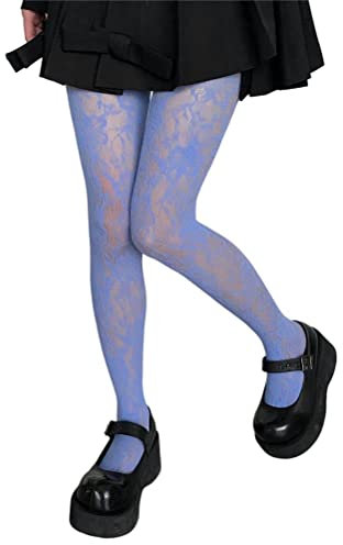 shownicer Collant Femme Sexy Bas Resille Mesh Y2K Extensible Filet élastique Noir Motifs Fleurs Fantaisie à Motif A Bleu Taille Unique