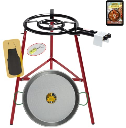COMBOI - Paellero gas butano 40 cm,paella Set Quemador, paellera de 46 cm, Soporte de Patas Reforzadas, nivel, delantal, libro de recetas digital.