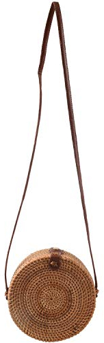 Duendhd Vintage Handgefertigte Ledertasche Runde Strandtasche Mädchen Rattan Tasche Kleine Umhängetasche, Fotofarbe, 20x8cm