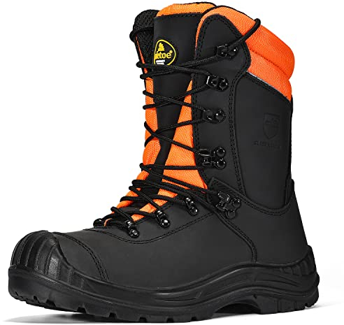 SAFETOE Botas de seguridad de protección contra cortes de motosierra clase 1 con puntera de acero auténtica, plantillas de espuma viscoelástica de piel de vaca auténtica, trabajos de construcción,
