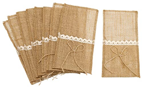 sourcing map Jute-Spitzen-Utensilienhalter, 20 Stück, Messer, Gabeln, Servietten, Besteckhalter, Tasche, Bestecktasche für Hochzeitstischdekoration