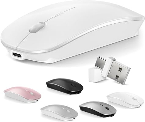 Normdecos Bluetooth Wireless Mouse for MacBook Air Mac Pro Laptop Computer iPad Pad PC Optical Rechargeable Silent Mouse with Dual Mode Switch, Bluetooth 5.2/3.0 and 2.4GHz USB Type-C Receiver (White)