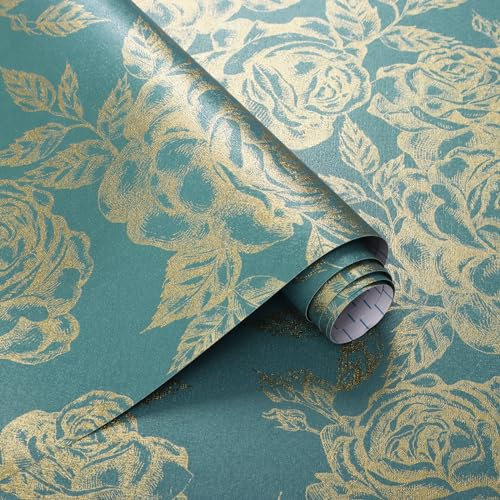 Yomshi Golden and Dark Green Floral Self Adhesive Wallpaper 44Cm x 12M Lustrous Stick Back Plastic Wallpaper Gold Sparkle Leaves and Flowers PVC Roll Waterproof for Wall Furniture Decor