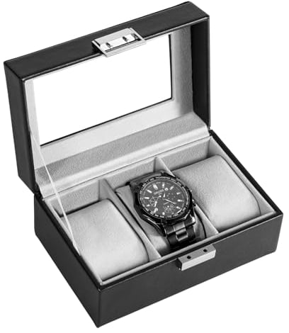 ProCase Uhrenbox mit 3 Fächern, Uhrenkasten mit Glasdeckel, Uhrenkoffer mit Uhrenkissen, Uhrenaufbewahrung, Premium-Uhrenschatulle, PU-Leder Uhrenkasten, Watch Box für Herren - 3 Fächer, Schwarz
