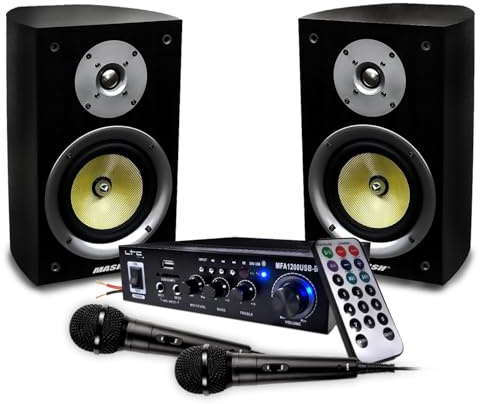 Mash Ruby 6 HiFi Speakers, 2X 80W, Boomer 16cm, LTC Audio MFA1200-BT LTC Karaoke HiFi 100W USB/Bluetooth Amplifier - 2 Microphones