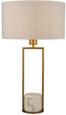 Licht-Erlebnisse Tischleuchte groß 62 cm hoch Marmor Metall Stoff E27 in Gold Weiß Wohnzimmer Tischlampe Schlafzimmer Nachttischlampe
