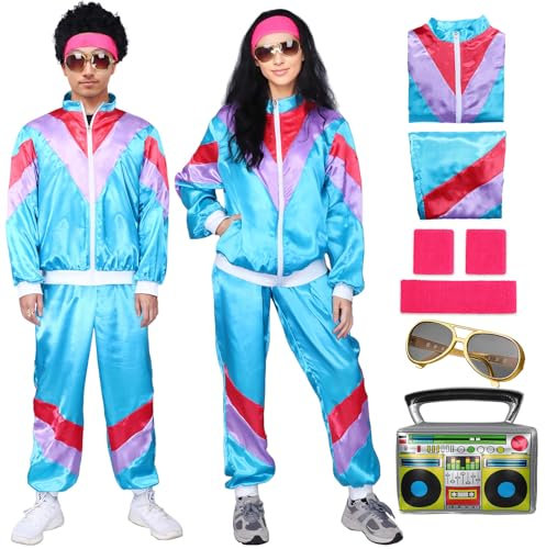 80er 90er Outfit Jahre Damen Herren Kostüm Retro Trainingsanzug Disco Verkleidung mit Stirnband Armbänder Kostüm für Halloween Karneval Party (Color 1, M)