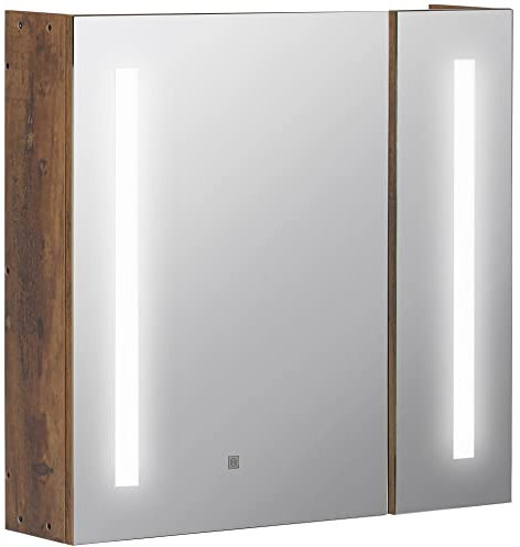 kleankin Specchio Bagno Contenitore con Luci LED Regolabili, Armadietto Bagno con 2 Ante a Specchio e Mensola Regolabile, 70x15x65cm, Marrone