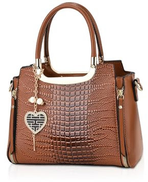 NICOLE & DORIS Mode Handtaschen Damen Schultertaschen Elegant Henkeltasche PU Leder Umhängetasche Crossbody Bag Krokodil Handtasche mit Anhänger Braun