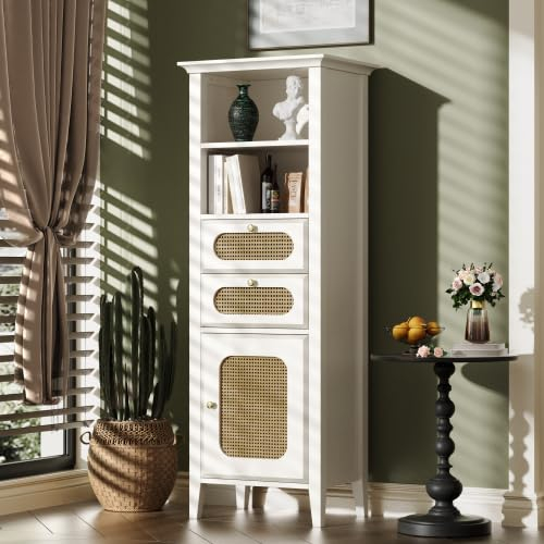 HAUSPROFI Kommode Hochschrank, Rattan Kommode Weiß mit Schubladen und Türen, Hochschrank Schmal, Vitrinenschrank mit Massivholz Beine für Wohnzimmer Schlafzimmer - Maße: 140.5x38x50cm