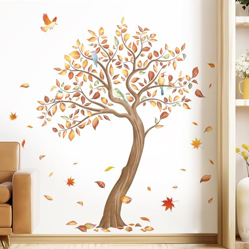 Tanlaby Grand Arbre Stickers Muraux Branche D'arbre et Oiseau Autocollant Mural Feuilles D'arbre D'automne Sticker Mural pour Chambre Enfants Salon Bureau Couloir