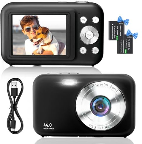 4K Digitalkamera Fotokamera Dual Kamera 64 MP Autofokus Vlogging Fotokamera mit 32GB Speicherkarte, Kompaktkamera für Jugendliche und Einsteiger, Anti-Shake, 16X Digitalzoom, 2 Akkus& Ladegerät