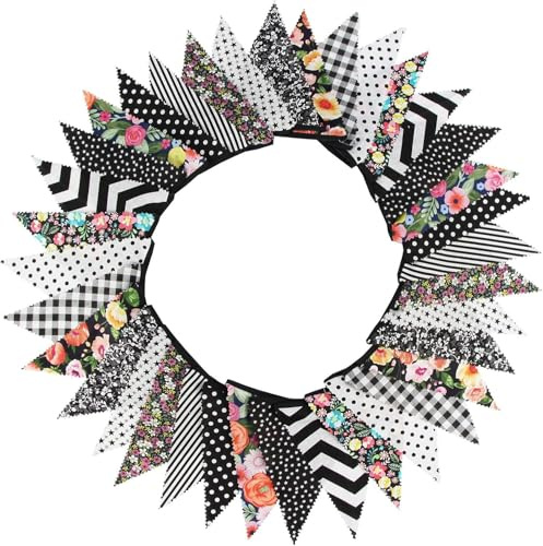 Daaxing 36 Stück große Stoff-Wimpelkette, 100 cm, Blumen-Wimpelkette, Baumwolle, Vintage, für Hochzeit, Babyparty, Garten, Geburtstagspartys, Heimdekoration (schwarz)