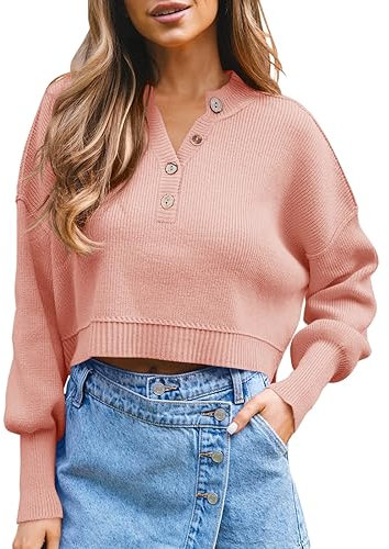 Saodimallsu Damen Langarm Pullover V-Ausschnitt Gerippter Strickpullover Frauen Casual Elegante Pullover Tops, Rosa, L