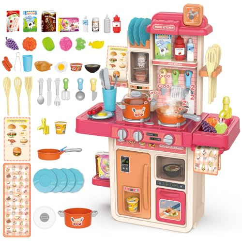KalaDuck Cuisine Enfant 3 Ans, 42Pièces de Cuisine Bébé avec Set Casserole et Poele, Vapeur, Evier, Four et Accessoire Cuisine, Jeux de Rôle Cuisinière Cadeau de Noël pour Garçons Filles (Rose)