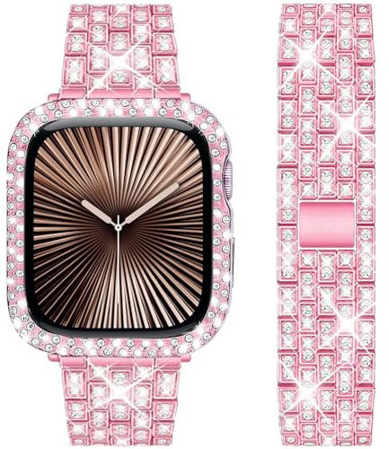 DEALELE Starp and Case Compatible with Apple Watch Series 10 46mm, Bling Rhinestone Diamond Metal Bracelet with Protective Case Cover Replacement for iWatch 10 46mm Women Men (46mm, Rose pink)