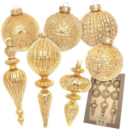 Krebs Glas Lauscha - Weihnachtsdekoration/Christbaumschmuck aus Glas - Antic Mercury Sortiment (Kugel, Kugel mit Struktur, Formen) - Menge: 9 Stück - Farbe: Gold - Größe: ca. 8 cm