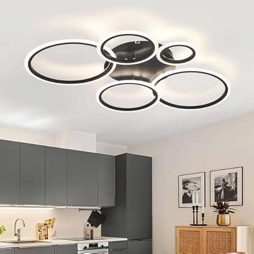 LJX Deckenlampe LED Design, Schwarz 5 Ring Deckenleuchte mit Fernbedienung, 100cm Dimmbar Wohnzimmerlampe für Schlafzimmer Wohnzimmer Küche