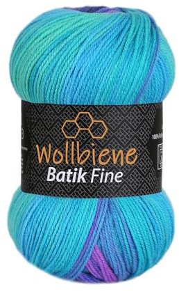 Wollbiene Batik Fine 100 Gramm Wolle mit Farbverlauf mehrfarbig Multicolor Strickwolle Häkelwolle (1500 lila türkis)