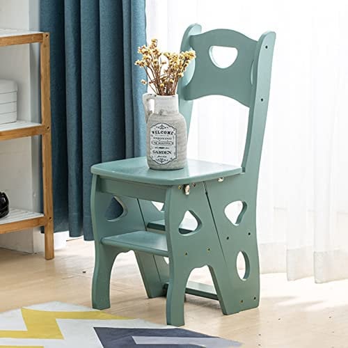 Multi Functional Wooden Step Ladder Chair Convertible Folding Library Stairs Chair 4 Step Climb Shoe Bench Flower Rack for Home Kitchen Green