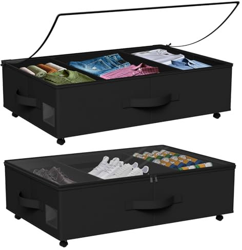 Babenest Unterbettkommode mit Rollen, 2 Stück Faltbare Unterbett Aufbewahrungsbox mit Klarer Deckel Reißverschluss, Under Couch Bettkasten Schuhe, Kleidung, Spielzeug Storage Boxs (Schwarz)