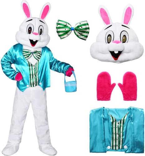 Angenster Osterhase Kostüm für Erwachsene, Ostern Party Hase Cartoon Kostüm Hasen-Kostüm mit Blaue Weste Fliege und Korb, Maskottchen-Kostüm Fancy Dress für Ostern Maskerade (Stil B, F)