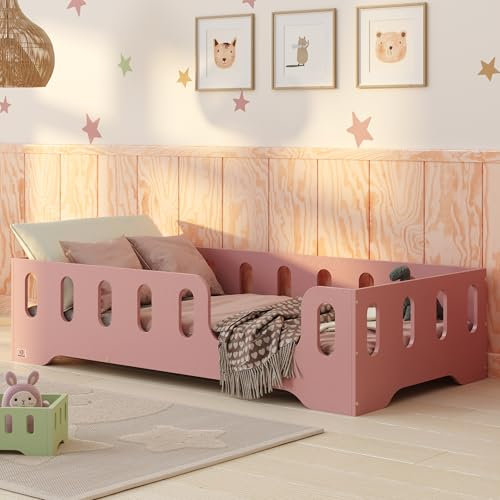 smartwood Cama Infantil 90x190 Rosa - Cama Montessori de Madera Certificada FSC, con Barandilla de Protección y Somier Resistente hasta 230 kg - para Niño y Niña - Montaje Fácil - TILA 2P