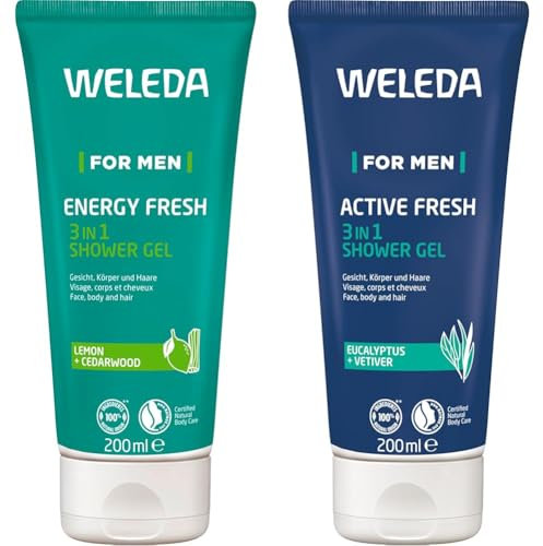 WELEDA Bio For Men 3in1 Duschgel & Shampoo Duo Set - Naturkosmetik Männer Duschseife & Haarpflege mit Zitrone/Zedernholz Duft & Eukalyptus & Vetiver Duft (2x 200ml)