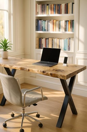 Tribe Joinery Live/Waney Edge Study Desk/Table With Metal Cross Legs (120x60cm)
