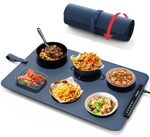 Scaldavivande, vassoio riscaldante, arrotolabile e portatile,Nano-materiale in silicone premium, Piastra Riscaldante per Alimenti iTRUSOU, Tappetino Elettrico con Timer 1-99H, 7 Temperature