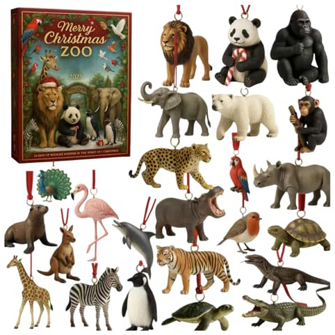 Tiere Adventskalender 2025 | 24 Tage Frohe Weihnachten Zoo Ornament Countdown Kalender 2025 | 2D Zoo Tiere Anhänger Adventskalender | Tierwelt Weihnachtsbaum Deko für Tierliebhaber