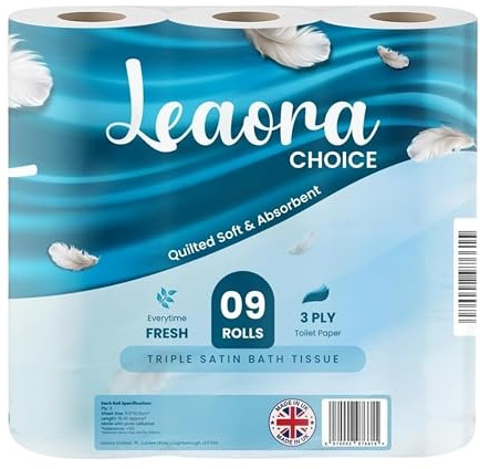Leaoraa Toilet Roll, (9 Rolls, 1800 Sheets) 3-ply Soft, Strong and Absorbent Toilet Paper, Hypoallergenic Quilted Toilet Tissue and Loo Rolls, Sustainably Crafted in The UK (Pack of 1)