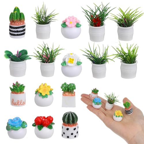Lot de 16 mini plantes artificielles miniatures en pot à l'échelle 1:12, accessoires de maison de poupée, petites fleurs artificielles pour maison de poupée, bonsaï, ornement, loisirs créatifs